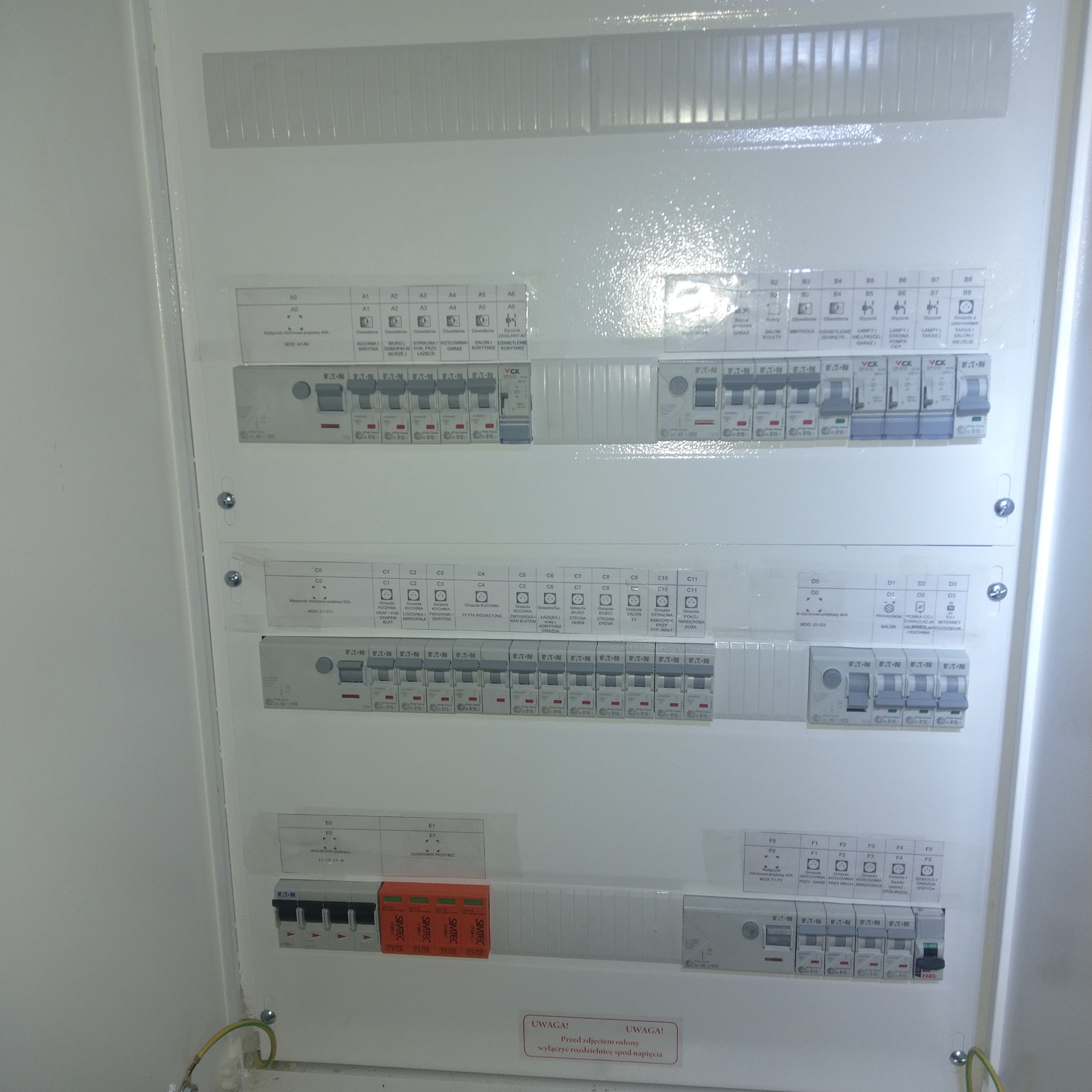 Rozdzielnia elektryczna w białej obudowie, z bezpiecznikami oznaczonymi etykietami. Widoczne przewody u dołu. Tablica z opisem obwodów.