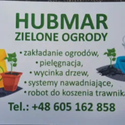 Wizytówka firmy Hubmar Zielone Ogrody z grafiką narzędzi ogrodniczych, roślin i numerem telefonu. Oferta: zakładanie ogrodów, pielęgnacja, wycinka drzew.