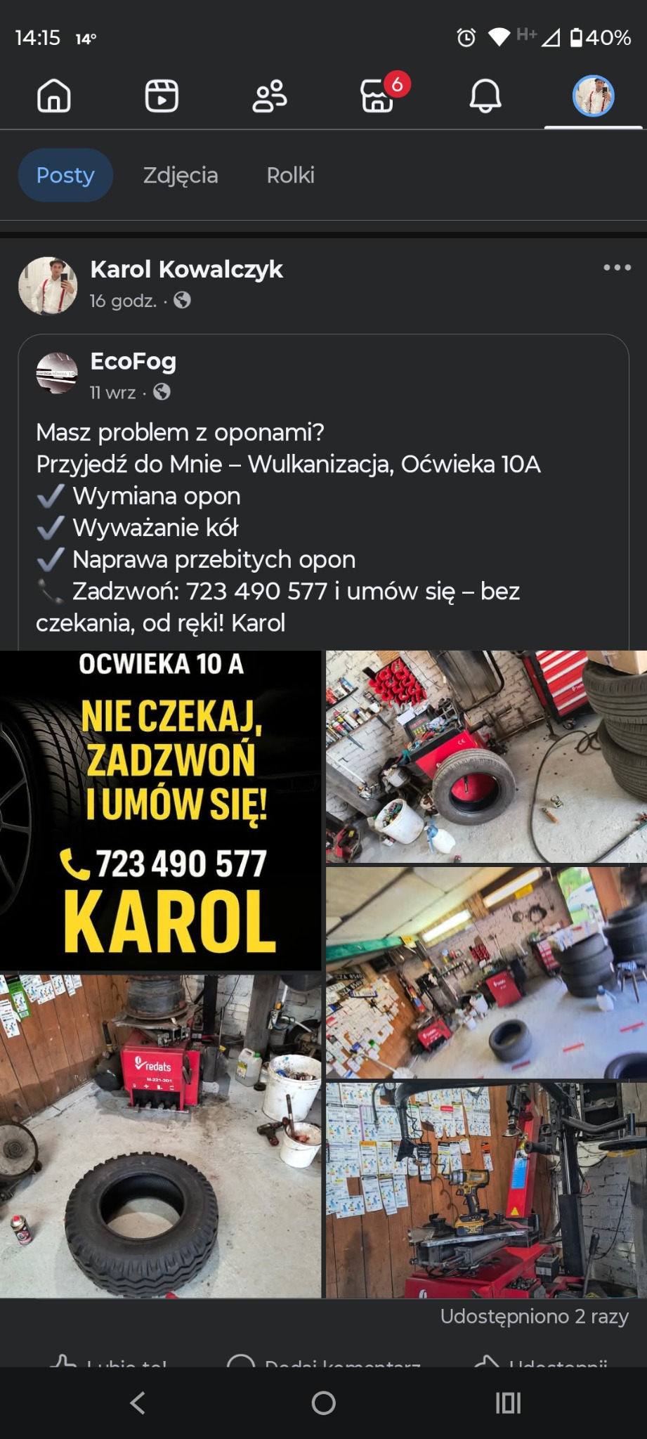 Wulkanizacja: montażownica do opon, wyważarka, narzędzia i opony w warsztacie. Na ścianie reklama z numerem telefonu i adresem. Całość w formie kolażu z facebookowego posta.