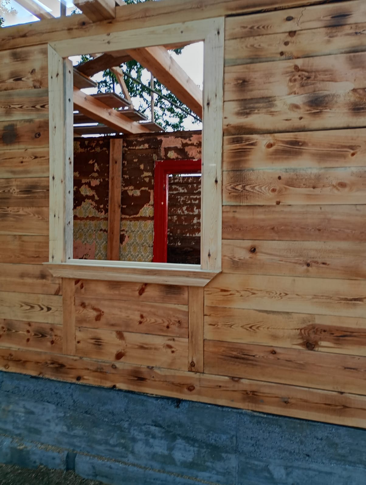 Konstrukcja drewnianej ściany z oknem w trakcie budowy. Widoczne deski i surowe drewno, w tle fragment starego budynku z czerwoną ramą okienną.