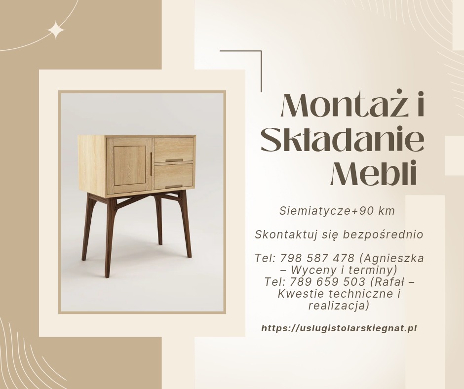 Stylowa szafka z jasnego drewna na ciemnych nóżkach, prezentowana na tle beżowej grafiki z napisem 'Montaż i Składanie Mebli' oraz danymi kontaktowymi.
