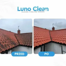 Zdjęcie dachu z czerwonej dach&oacute;wki podzielone na dwie części: lewa strona pokazuje dach przed czyszczeniem, a prawa po czyszczeniu. Widoczny komin i fragment ściany budynku.