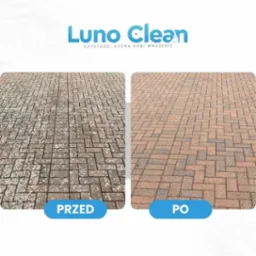 Kostka brukowa 'przed' z zabrudzeniami i 'po' czyszczeniu, prezentująca efekt usługi firmy Luno Clean, z wyraźnym kontrastem czystości.