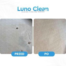 Luno Clean - Dywan w odcieniach beżu: po lewej stronie widoczne zabrudzenia, po prawej dywan po czyszczeniu, bez plam. Układ PRZED i PO. Logo Luno Clean u góry.