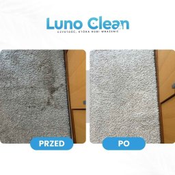 Luno Clean - Kadr 'przed i po' prezentujący efekt czyszczenia dywanu z plam, z wyraźną różnicą w wyglądzie i kolorze włókien. Dywan położony przy szafce.
