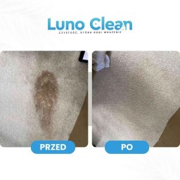 Luno Clean - Dywan 'przed' z wyraźną plamą i 'po' czyszczeniu, prezentujący efekt usługi Luno Clean. Widoczne włókna dywanu i różnica w wyglądzie.