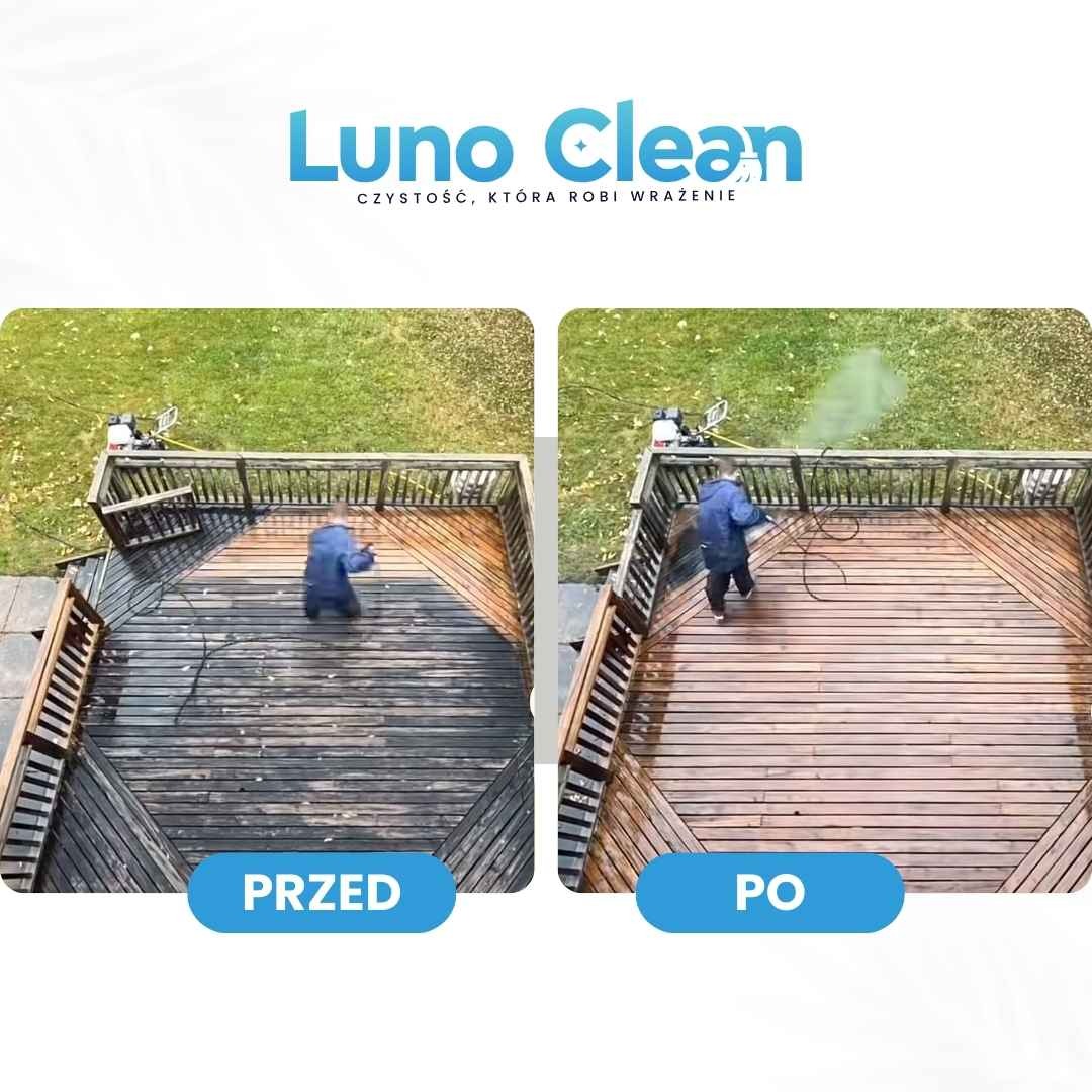 Czyszczenie tarasu drewnianego metodą ciśnieniową: widok przed i po. Mężczyzna w niebieskiej kurtce czyści deskę, obok stoi myjka ciśnieniowa. Widoczne różnice w kolorze drewna.