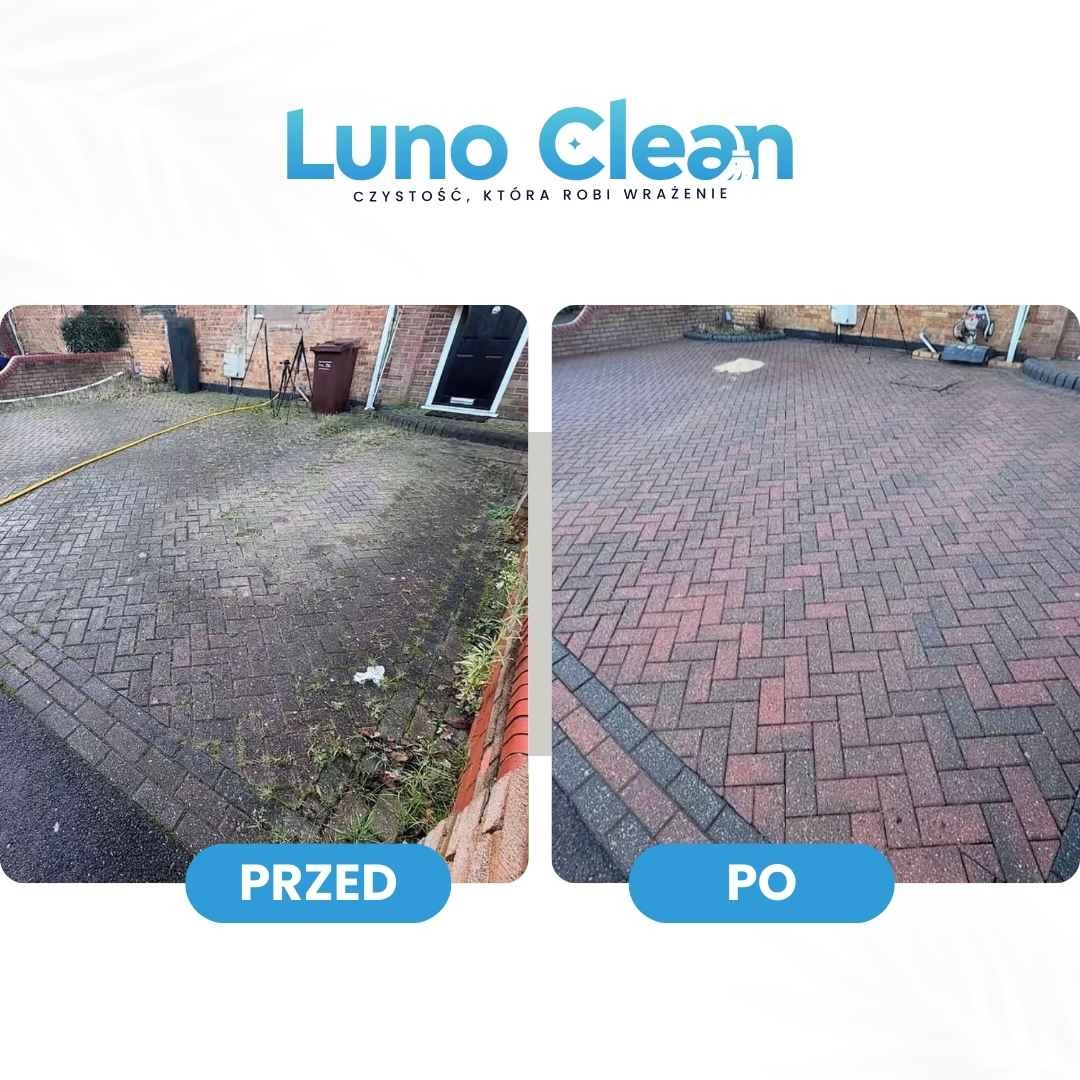 Efekt czyszczenia kostki brukowej: porównanie stanu 'przed' z zabrudzeniami i 'po' - czysta, odświeżona powierzchnia. Widoczna różnica w kolorze i brak mchu.
