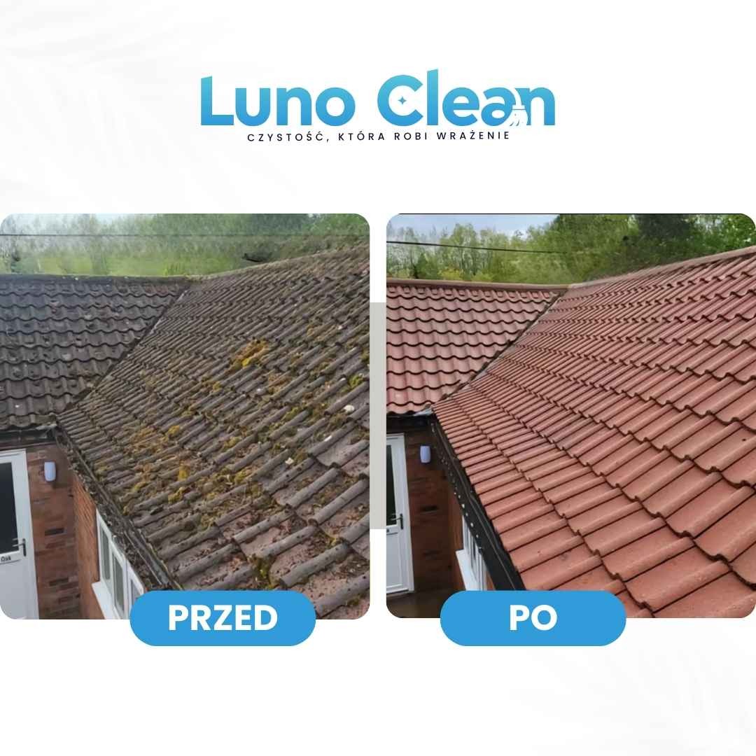 Porównanie dachu przed i po czyszczeniu: zarośnięte mchem płytki kontra czysty, czerwony dach. Widoczne detale domu i otaczająca zieleń.