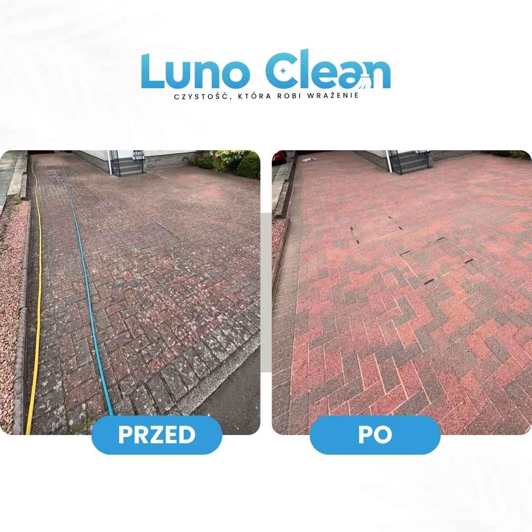 Porównanie kostki brukowej przed i po czyszczeniu: po lewej zabrudzona, po prawej odnowiona. Widoczny wąż ogrodowy. Efekt 'przed i po'.