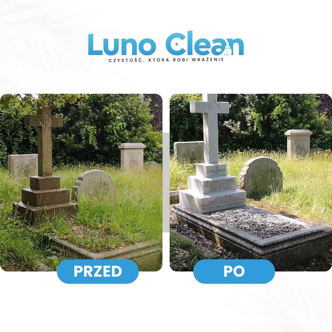 Zdjęcie nagrobka przed i po czyszczeniu. Po lewej zabrudzony, po prawej odnowiony nagrobek z krzyżem na tle zieleni cmentarza. Widoczne kontrasty kolorów.