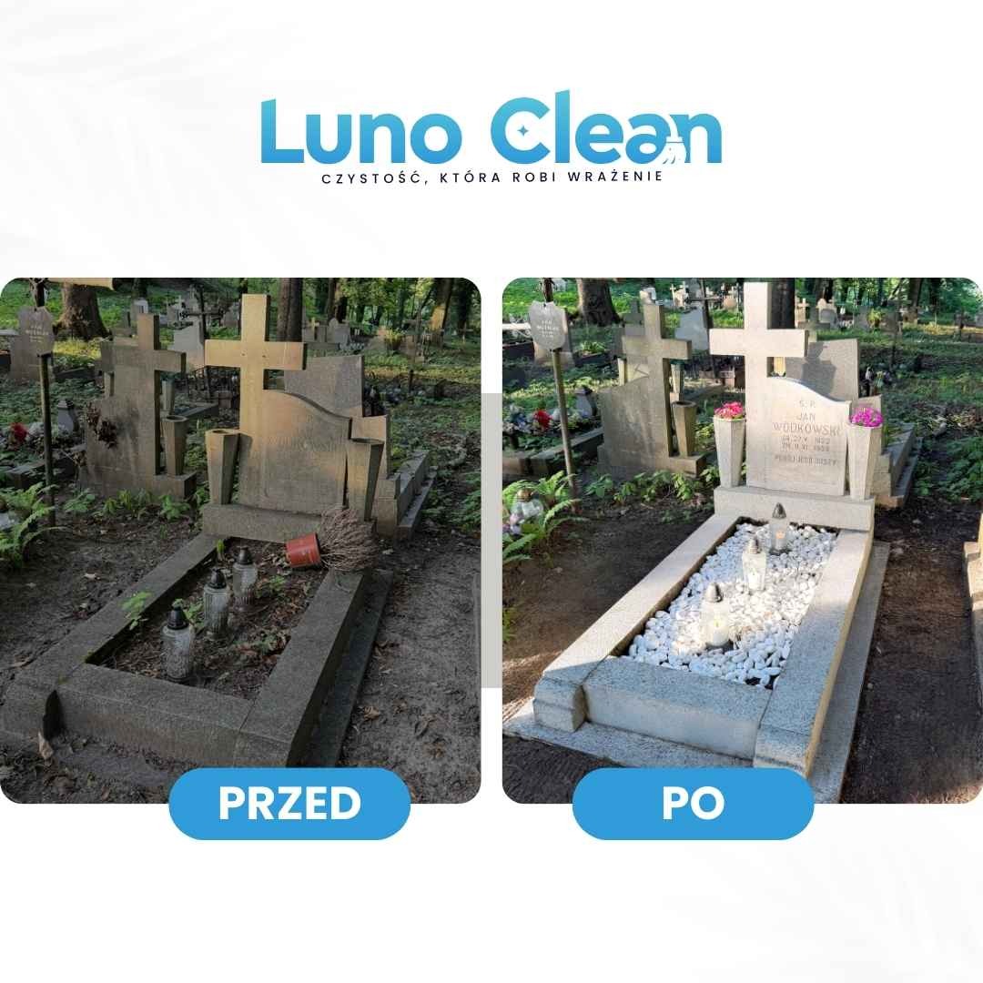 Zdjęcie nagrobka przed i po czyszczeniu, prezentujące efekt usługi z użyciem białego kamienia dekoracyjnego i kwiatów.