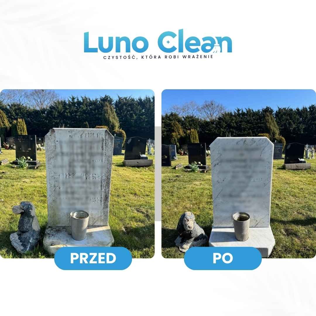 Czyszczenie nagrobka: porównanie przed i po. Zabrudzony nagrobek z mchu i porostów, po czyszczeniu odzyskuje blask i marmurkowy wygląd.