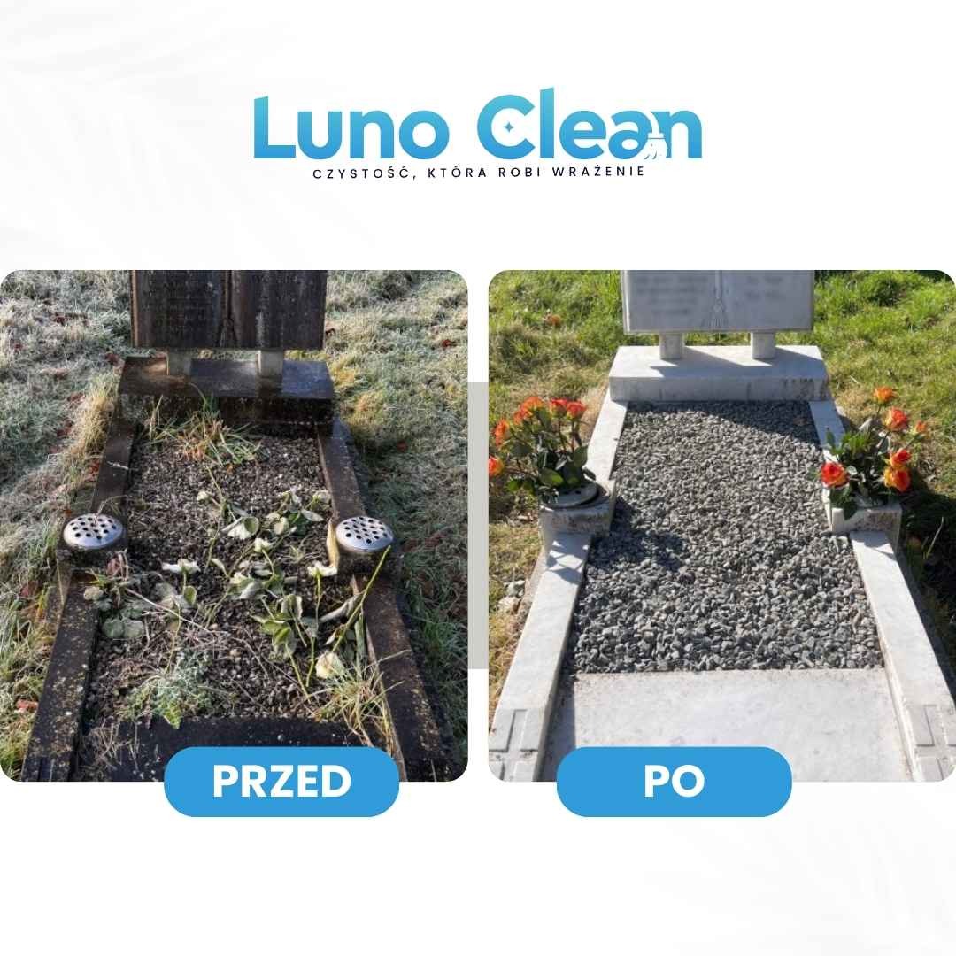 Zdjęcie nagrobka przed i po czyszczeniu, prezentujące stan zaniedbany z chwastami i stan po renowacji z kamieniami i kwiatami, z logo firmy Luno Clean.