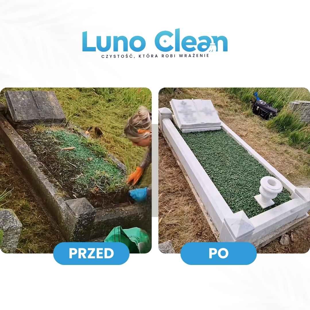 Zdjęcie nagrobka przed i po czyszczeniu. Po lewej zarośnięty, po prawej wyczyszczony, z drobnymi kamyczkami. Widoczna osoba w trakcie pracy.