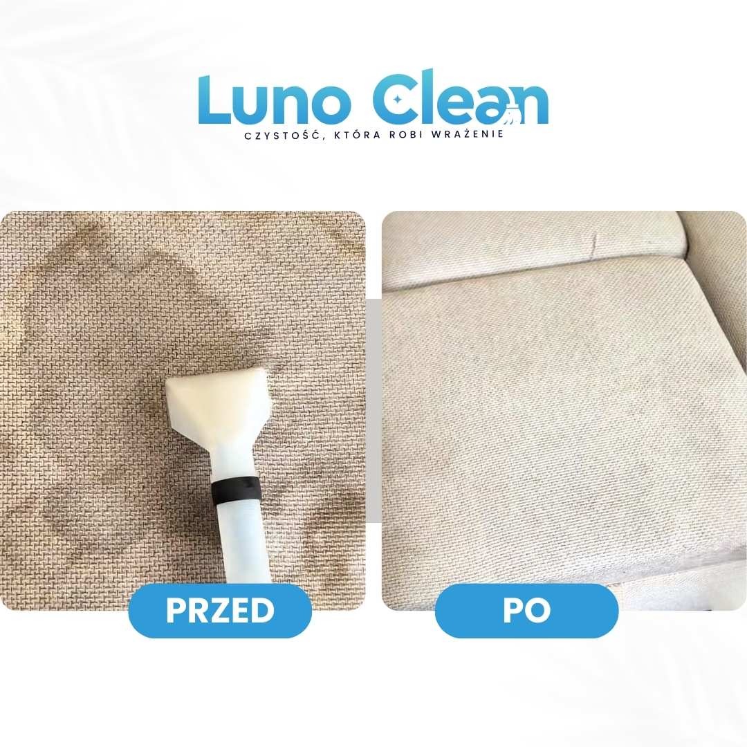 Zdjęcie 'przed i po' prania tapicerki: po lewej brudna tkanina i dysza piorąca, po prawej czysta, jasna tapicerka sofy. Widoczny napis 'Luno Clean'.
