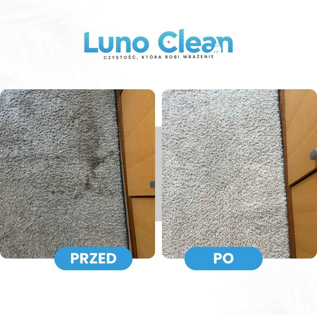 Kadr 'przed i po' prezentujący efekt czyszczenia dywanu z plam, z wyraźną różnicą w wyglądzie i kolorze włókien. Dywan położony przy szafce.
