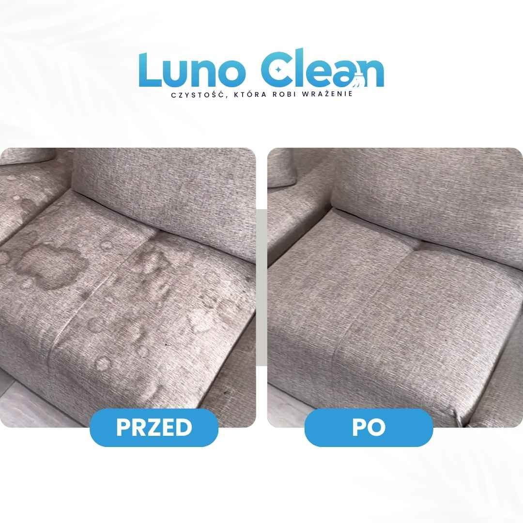 Tapicerka kanapy: widoczne plamy 'przed' i efekt czyszczenia 'po'. Jasna, szara tkanina, zbliżenie na siedzisko. Kontrast czystości i zabrudzeń.