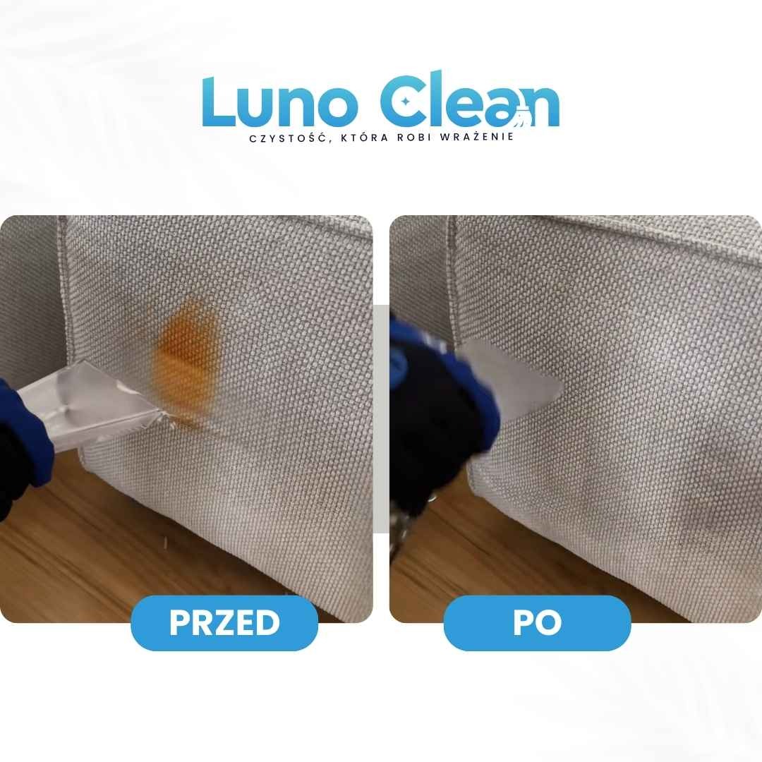 Czyszczenie tapicerki kanapy metodą ekstrakcyjną: ujęcie 'przed' z widoczną plamą i 'po' z czystą powierzchnią. Prezentacja efektu pracy firmy Luno Clean.