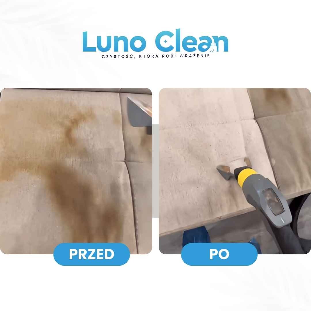 Efekt czyszczenia tapicerki: po lewej zabrudzona kanapa, po prawej wyczyszczona, z użyciem parownicy. Widoczne różnice w kolorze i strukturze materiału.