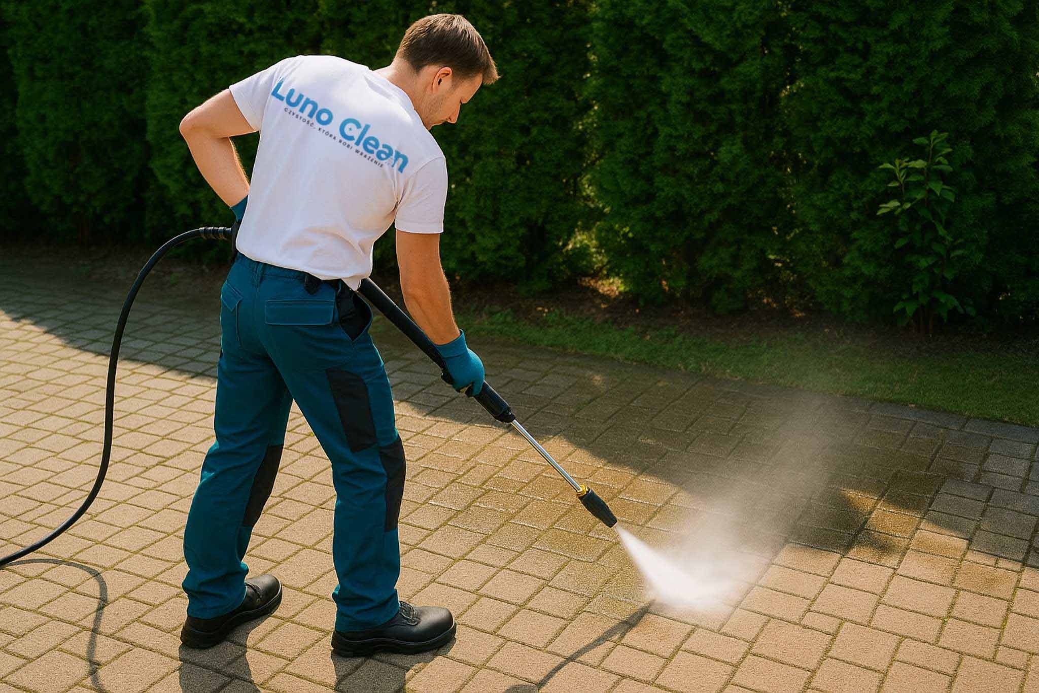 Pracownik w uniformie Luno Clean czyści kostkę brukową myjką ciśnieniową na tle zielonego żywopłotu. Widoczny efekt czyszczenia.