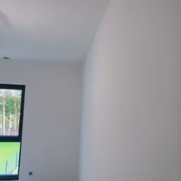 Jasne wnętrze po malowaniu: białe ściany, czarna rama okna z widokiem na zieleń. Gładkie powierzchnie, świeżo pomalowane, minimalistyczny styl. Nowoczesne wykończenie.