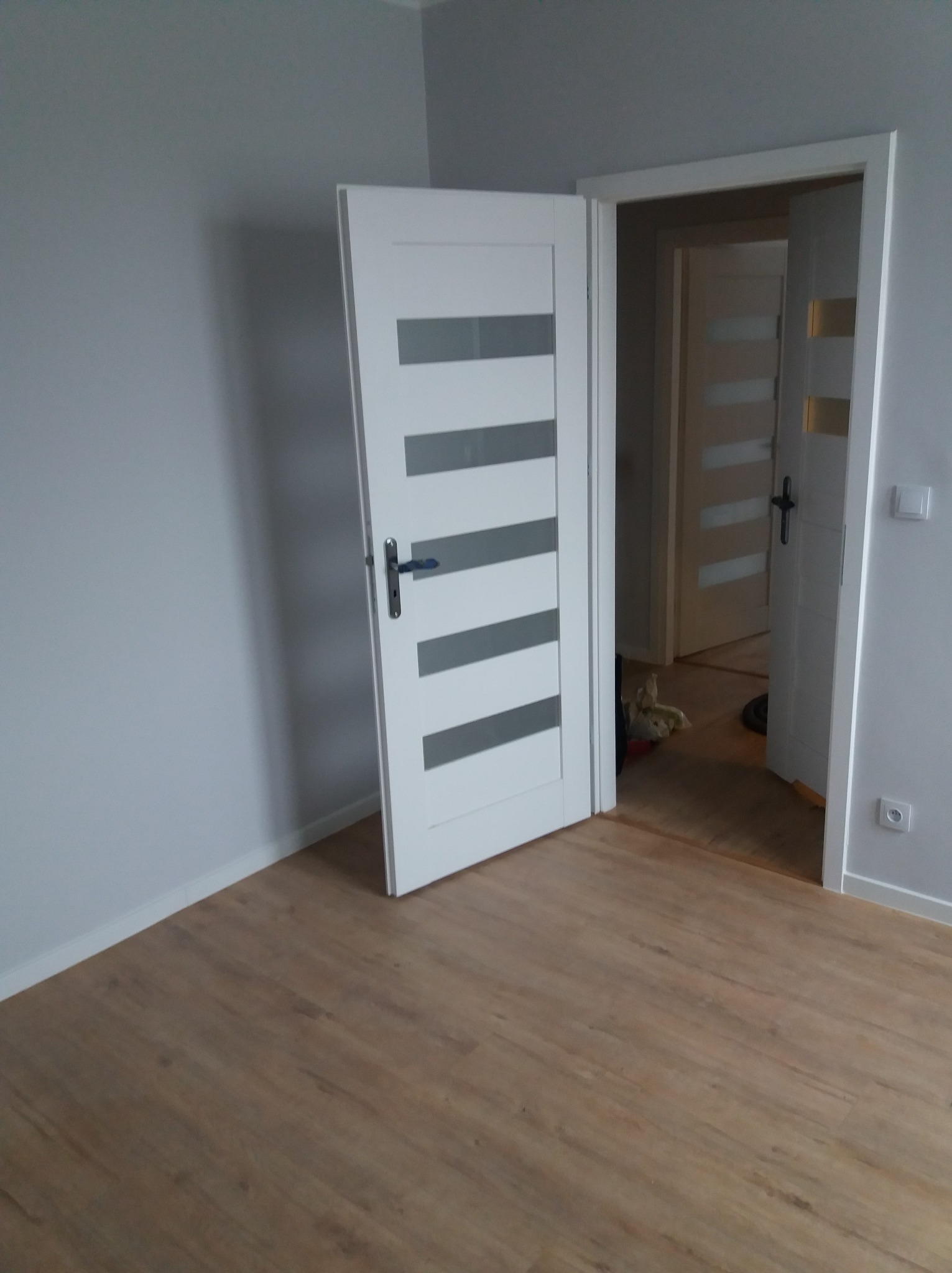 Białe drzwi z poziomymi przeszkleniami, otwarte do wnętrza. Podłoga z paneli w odcieniach brązu, szare ściany. Widoczne gniazdko elektryczne.