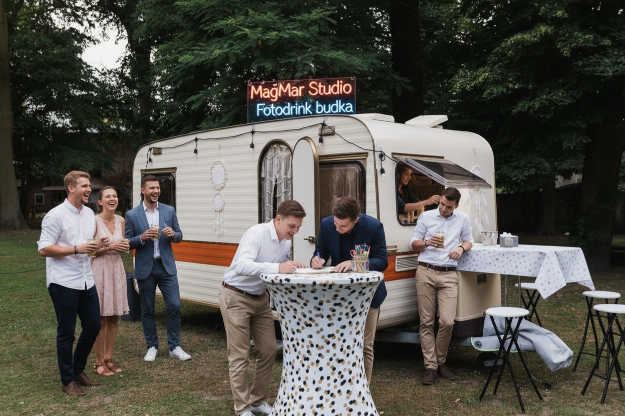 Uroczystość plenerowa z fotobudką w stylu retro. Goście wpisują się do księgi pamiątkowej, w tle przyczepa z neonowym napisem 'MagMar Studio Fotodrink budka'.