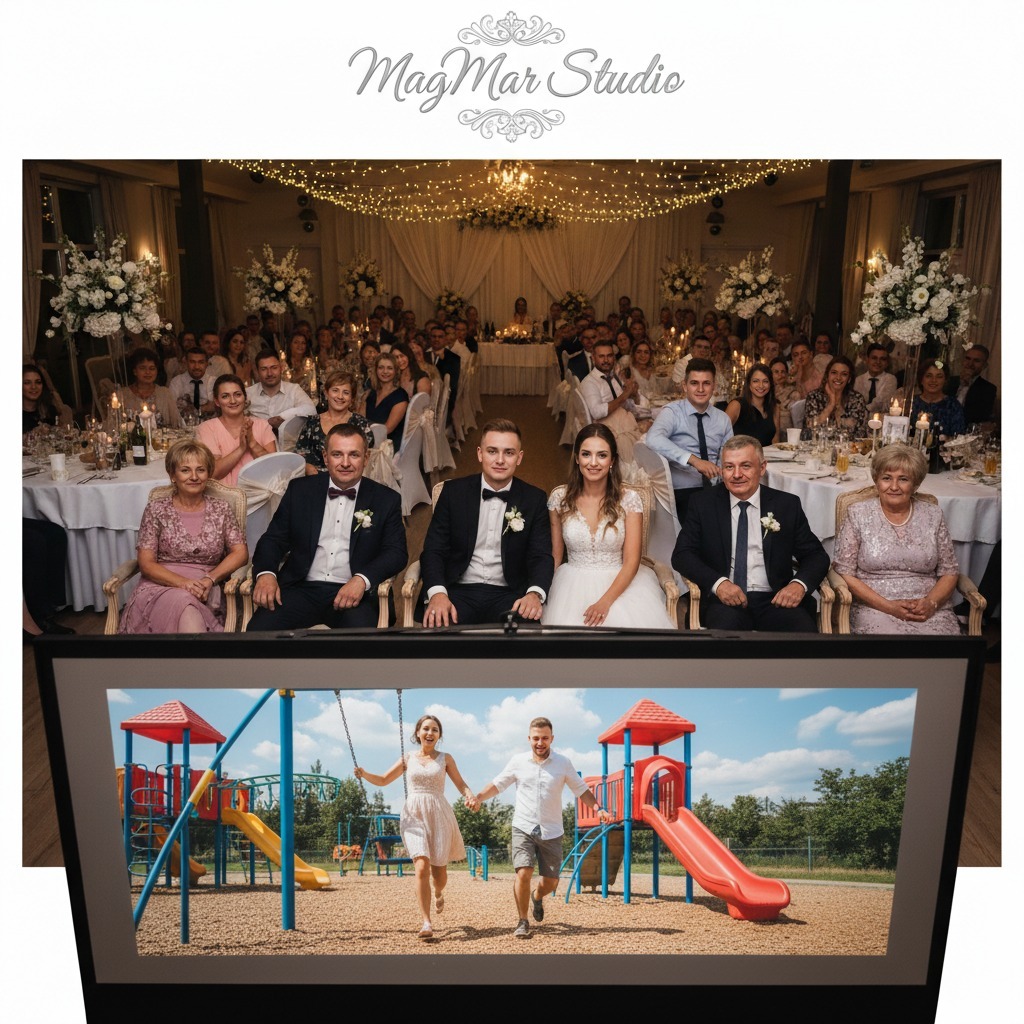 Para młoda i goście weselni oglądają film z sesji narzeczeńskiej na ekranie. Ujęcie z sali weselnej i kadru z parku z placem zabaw.