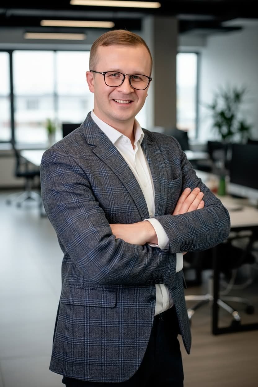 Portret mężczyzny w okularach i marynarce w biurowym otoczeniu, z założonymi rękami i uśmiechem, na tle okien i biurek.