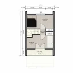 Rzut pionowy mieszkania z balkonem, wymiary w centymetrach, dwie sypialnie, korytarz. Grafika prezentuje rozkład pomieszczeń i metraż.