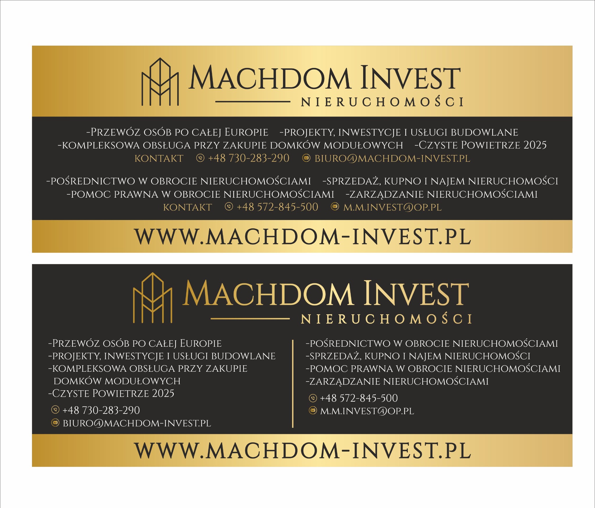Grafika z logo firmy Machdom Invest Nieruchomości, prezentująca ofertę: pośrednictwo, kupno, sprzedaż i najem nieruchomości. Kontakt telefoniczny i adres strony www.