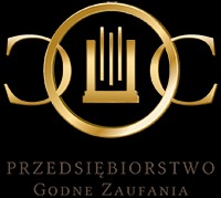 Złoty logotyp firmy z trzema okręgami i symbolem przypominającym budynek na czarnym tle. Napis: Przedsiębiorstwo Godne Zaufania.