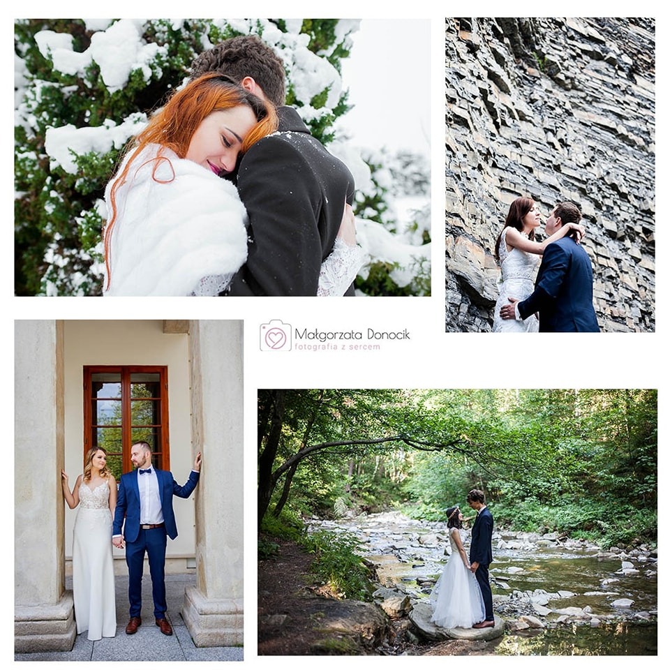 Kolaż z czterech zdjęć ślubnych: para w zimowej scenerii, na tle skał, przy kolumnach i nad strumieniem w lesie. Różne ujęcia, stroje i otoczenie.