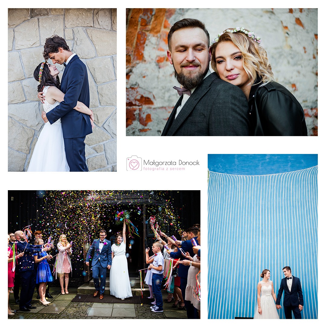 Kolaż z czterech zdjęć ślubnych: para przy kamiennej ścianie, portret, wyjście z kościoła w deszczu konfetti, para na tle błękitnej ściany z pionowymi pasami.