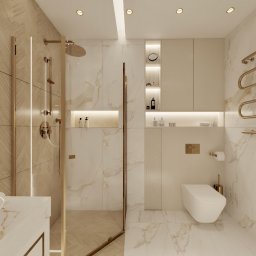 Design Atelier by Maria Słodowska - Elegancka łazienka z marmurowymi płytkami, złotymi akcentami i nowoczesnym oświetleniem. Kabina prysznicowa typu walk-in, umywalka nablatowa i designerski grzejnik.