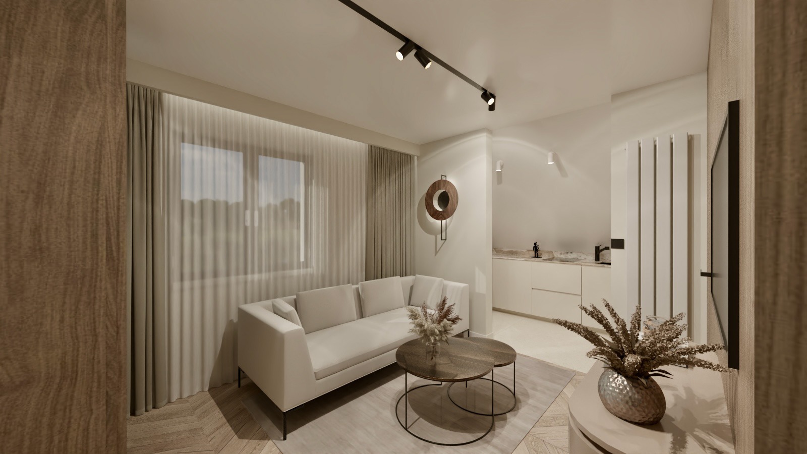 Jasny salon z sofą, stolikami kawowymi i dekoracjami. Minimalistyczny wystrój z drewnianą podłogą i subtelnymi zasłonami. Oświetlenie punktowe podkreśla detale.