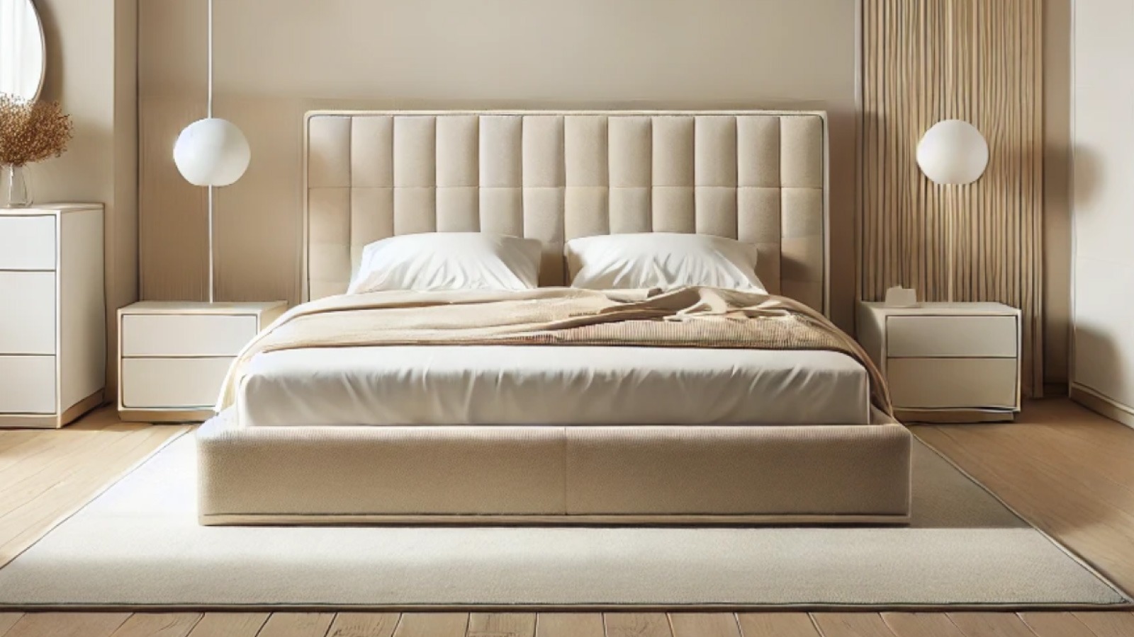 Beżowa sypialnia z łóżkiem kontynentalnym, pikowanym zagłówkiem i minimalistycznymi lampami wiszącymi. Na podłodze dywan w odcieniu ecru.