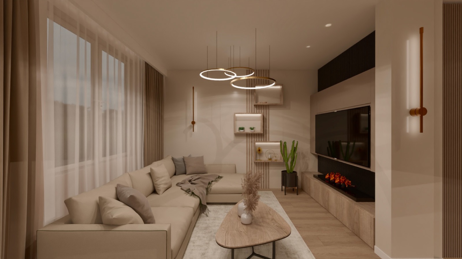 Jasny salon z narożnikiem, stolikiem kawowym i TV. Ściana z półkami dekoracyjnymi i oświetleniem. Minimalistyczny design z akcentami drewna i beżu.