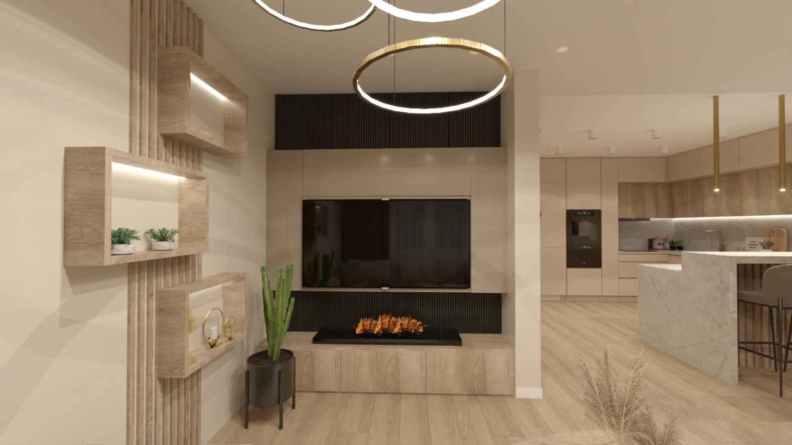Nowoczesne wnętrze z drewnianą zabudową TV, półkami z oświetleniem LED i elementami dekoracyjnymi. W tle widoczna kuchnia z wyspą. Całość utrzymana w jasnej kolorystyce.