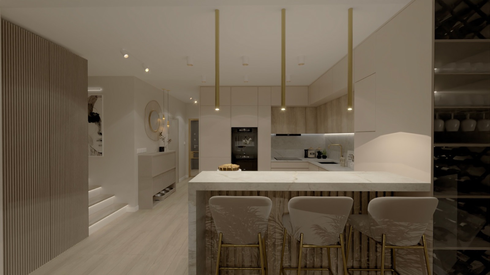 Elegancka aranżacja wnętrza kuchni z wyspą i hokerami, oświetlona wiszącymi lampami. Widoczna zabudowa kuchenna w jasnych odcieniach i dekoracyjne elementy.