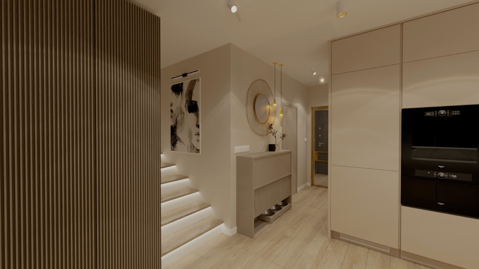Beżowe wnętrze: lamela na ścianie, schody z podświetleniem, lustro w złotej ramie, szafka na buty i zabudowa kuchenna z czarnym piekarnikiem.