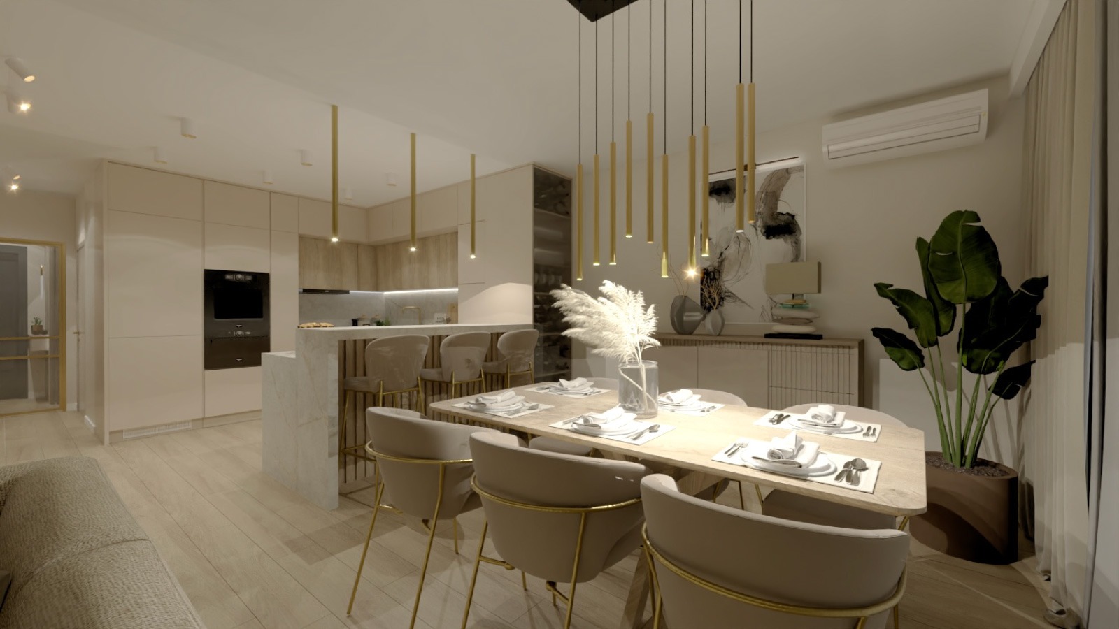 Elegancka aranżacja jadalni w Krakowie z otwartą kuchnią. Stół z nakryciem, krzesła z złotymi nogami, designerskie lampy wiszące. Nowoczesne wnętrze.