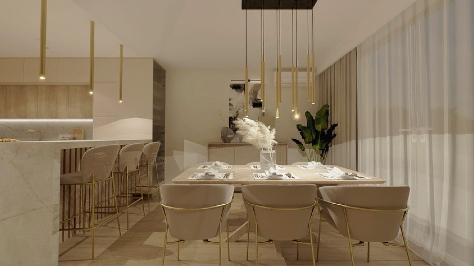 Elegancka jadalnia z beżowymi krzesłami i złotymi akcentami, oświetlona wiszącymi lampami. Minimalistyczny wystrój z roślinami i subtelnymi dekoracjami.