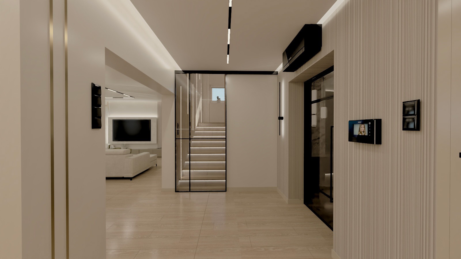 Nowoczesny przedpokój z widokiem na salon i schody w szklanej obudowie. Minimalistyczne oświetlenie, kremowe ściany i podłoga, wideodomofon na ścianie z fakturą.
