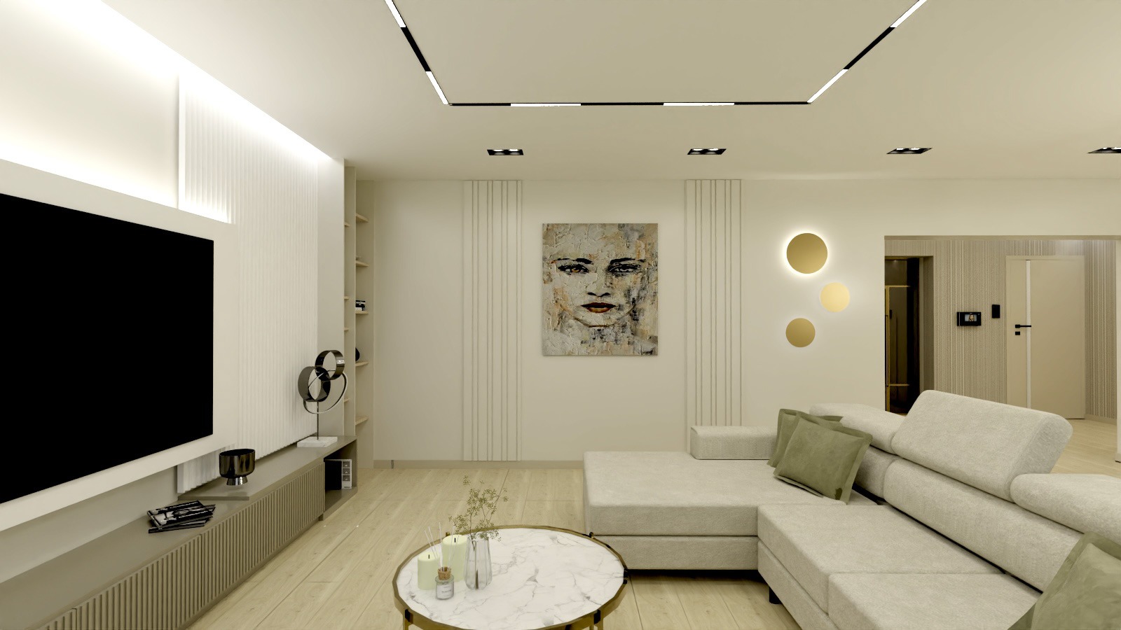 Nowoczesny salon z narożną sofą, okrągłym stolikiem kawowym i minimalistycznym oświetleniem. Na ścianie abstrakcyjny obraz i dekoracyjne panele.