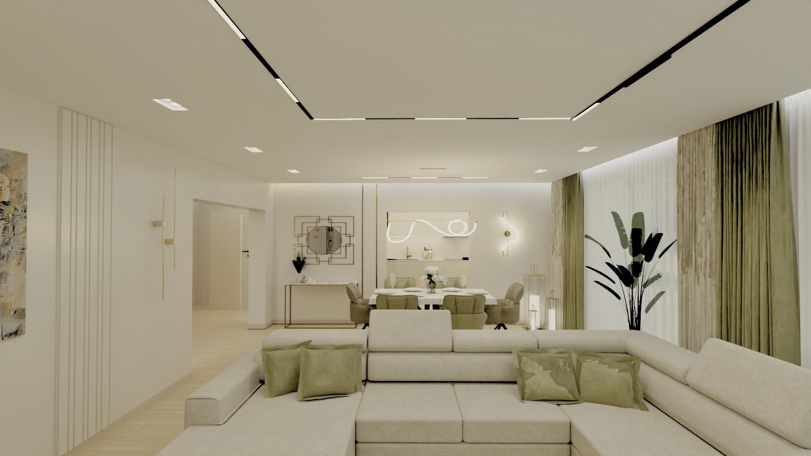 Elegancka aranżacja wnętrza: beżowa sofa z poduszkami, stół z krzesłami, dekoracje ścienne i oświetlenie. Nowoczesny design z roślinami i minimalistycznymi akcentami.