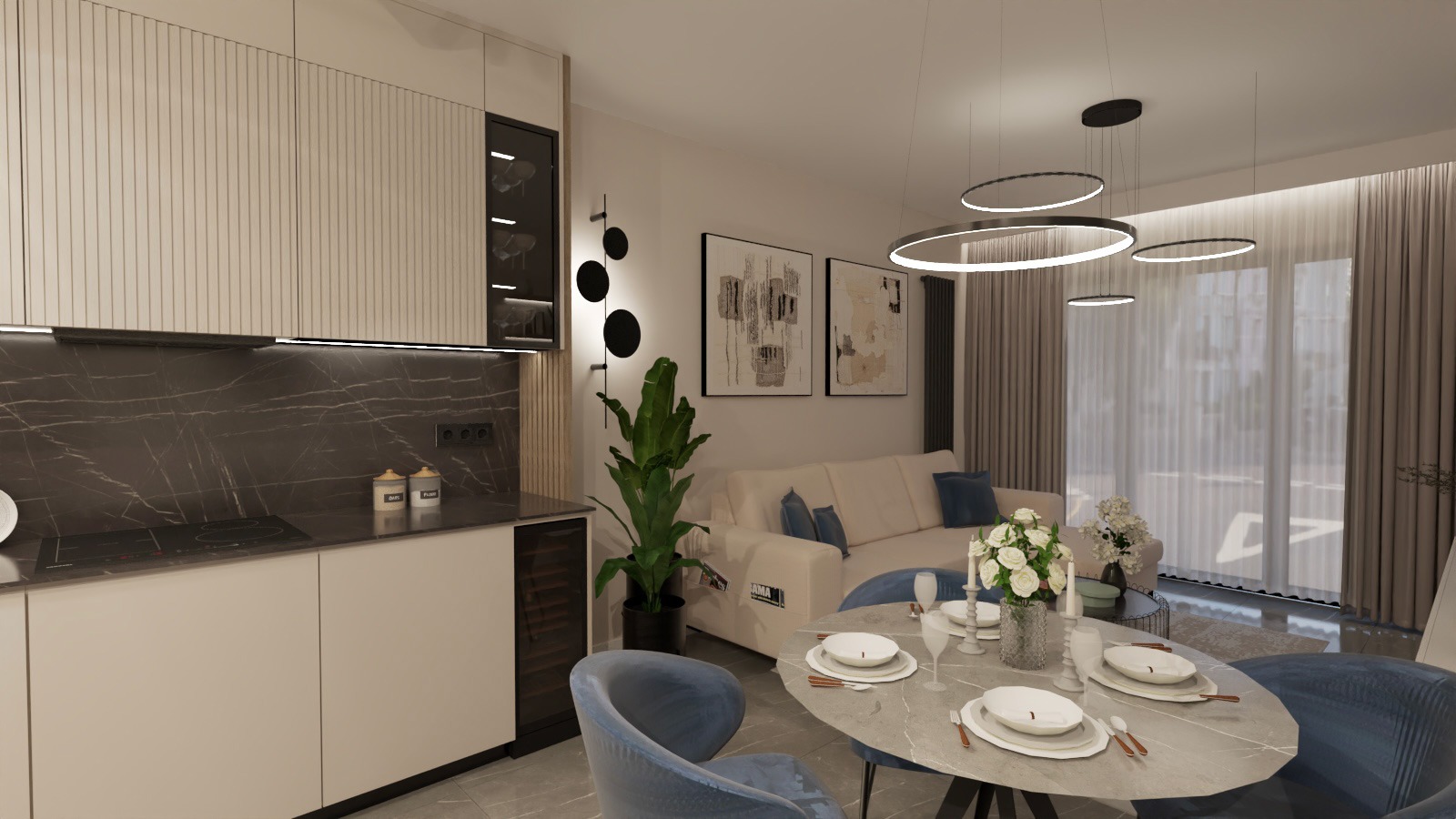 Nowoczesna aranżacja wnętrza: biała kuchnia z marmurowym blatem, okrągły stół z niebieskimi krzesłami, minimalistyczne oświetlenie i dekoracje.