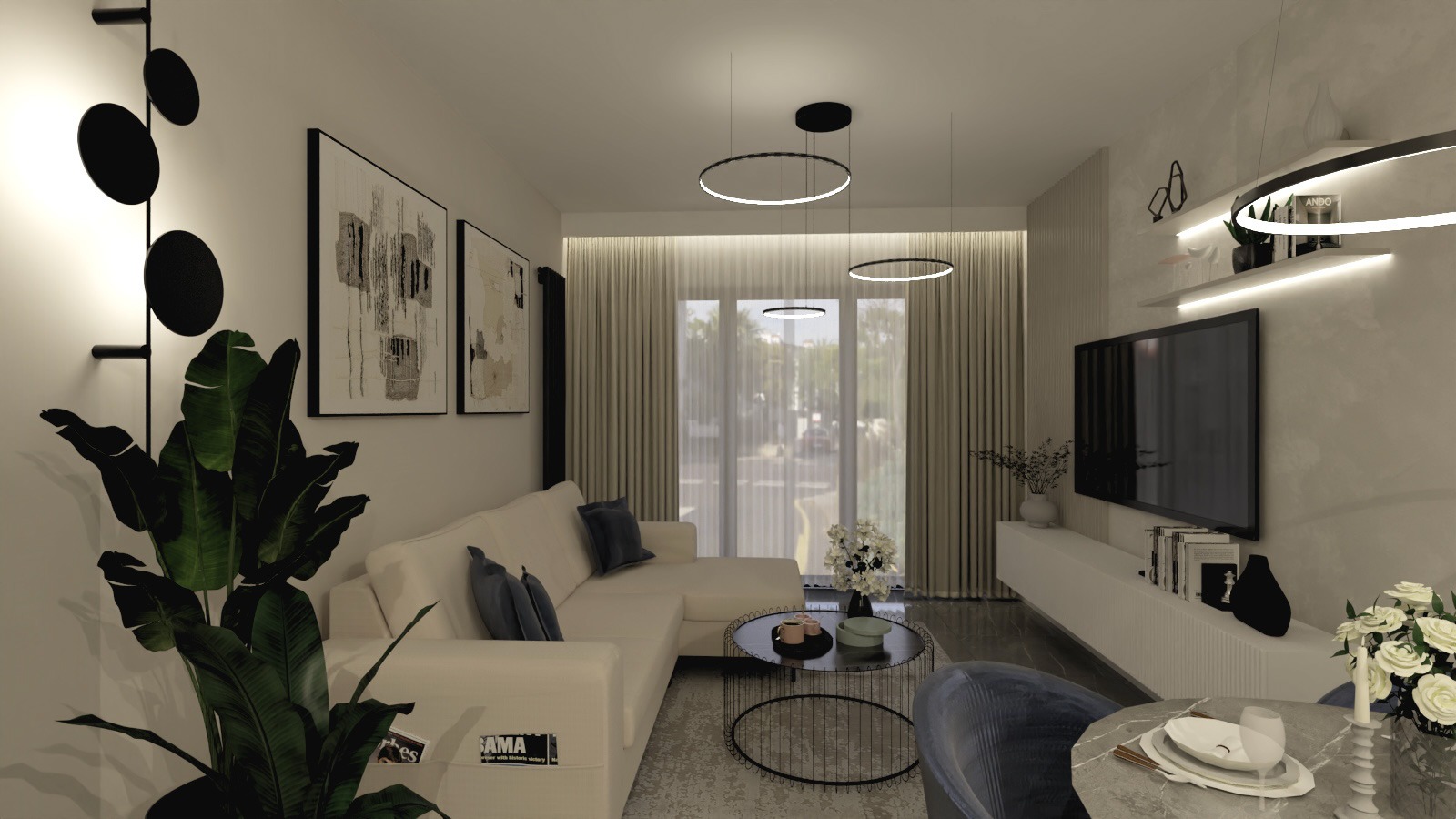 Elegancki salon w neutralnych barwach z sofą narożną, okrągłymi lampami sufitowymi i dekoracjami ściennymi. Minimalistyczny design z roślinami doniczkowymi.