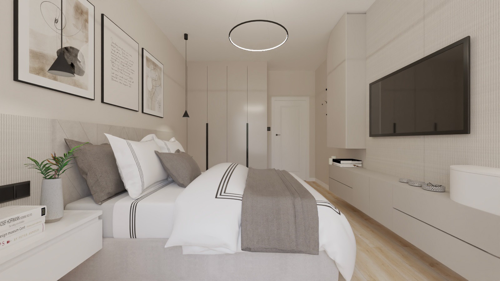 Minimalistyczna sypialnia w beżach: łóżko z szarą narzutą i grafikami na ścianie, oświetlenie ledowe, zabudowa meblowa z TV. Spokojny, nowoczesny design sypialni.
